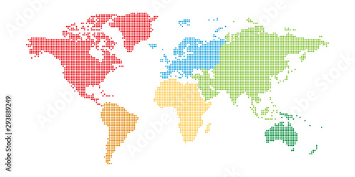 Fototapeta Naklejka Na Ścianę i Meble -  World map mosaic of small dots in defferent color for each continent. Dotted design. Simple flat vector illustration