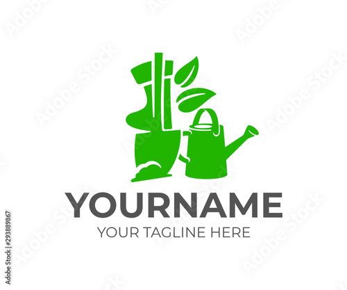 Gardener digs with a shovel, near a watering can and leaves, logo design. Landscape design, gardening and landscaping, vector design and illustration