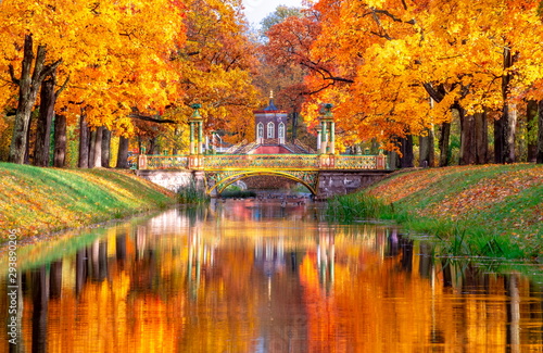 Cross bridge and Chinese bridges in Alexander park in autumn, Pushkin (Tsarskoe Selo), St. Petersburg, Russia