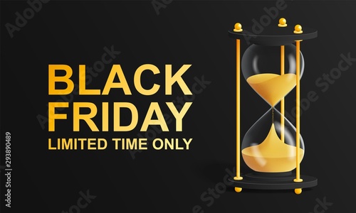 Black Friday. The concept of hourglass with gold lettering on a black background.