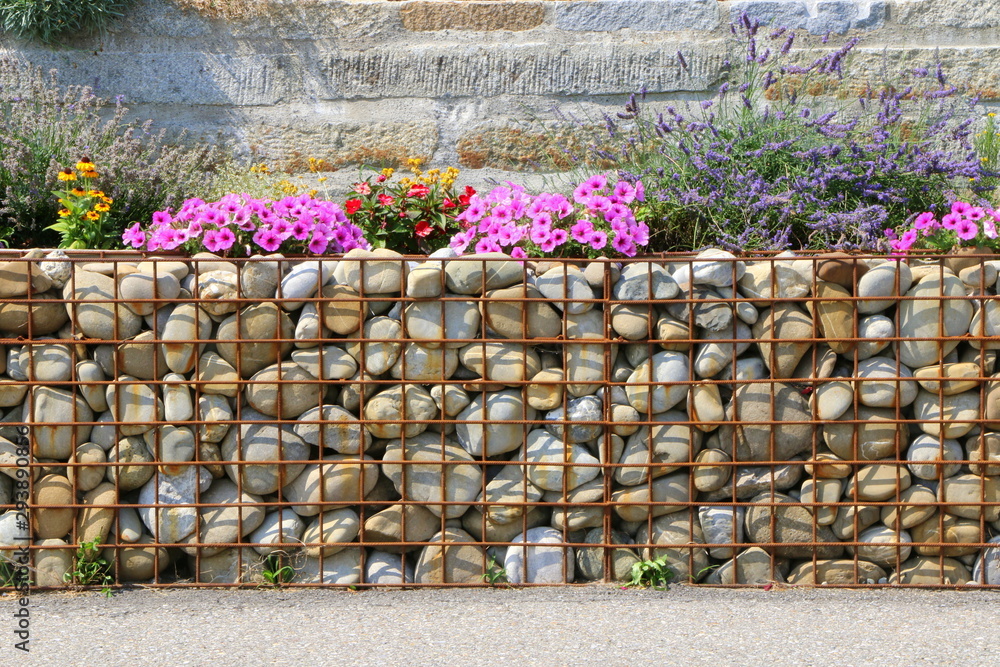 Moderner Steingarten, sommerlich bepflanzte Gabionen, dahinter eine Steinmauer