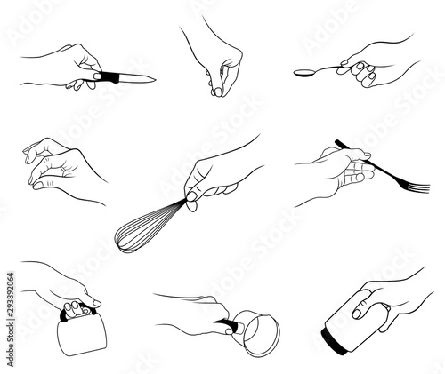 Vector set of outline, various hand actions and gestures by kitchen theme, isolated, in black color, on white background.