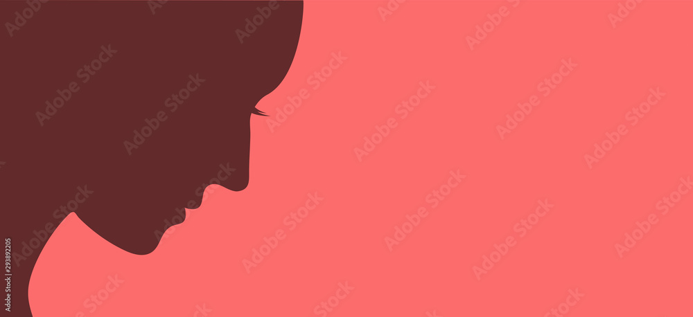 Dark silhouette of the face of a beautiful woman in profile. Vector illustration on a red background in the form of a banner.