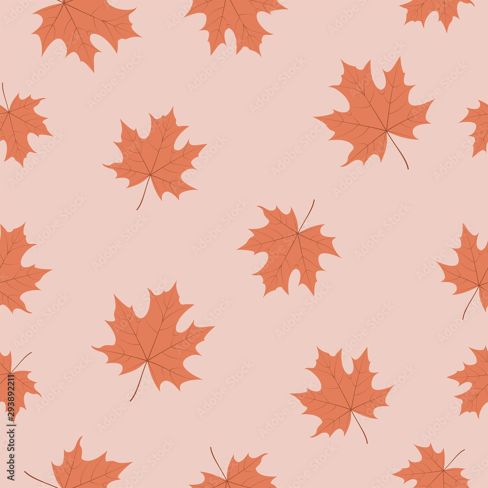 The seamless pattern with red maple leaves is on the pink background. The seamless pattern with red maple leaves is on the pink background.