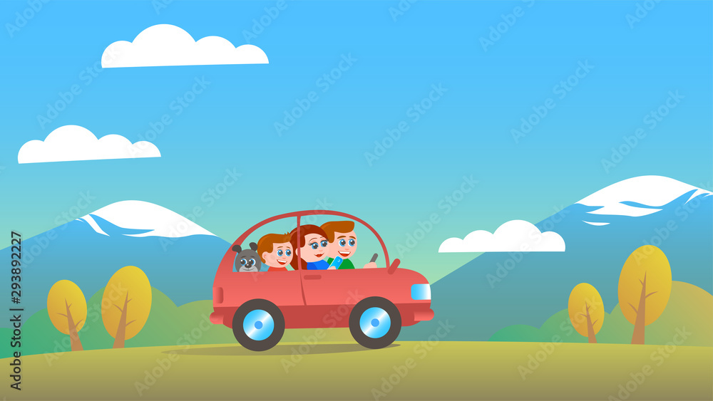 A happy family of three: dad, mom, son and dog. Riding a red passenger car. Around the beautiful autumn nature: trees, mountains and clouds. Vector cartoon flat illustration in the form of a banner. A happy family of three: dad, mom, son and dog. Riding a red passenger car. Around the beautiful autumn nature: trees, mountains and clouds. Vector cartoon flat illustration in the form of a banner.
