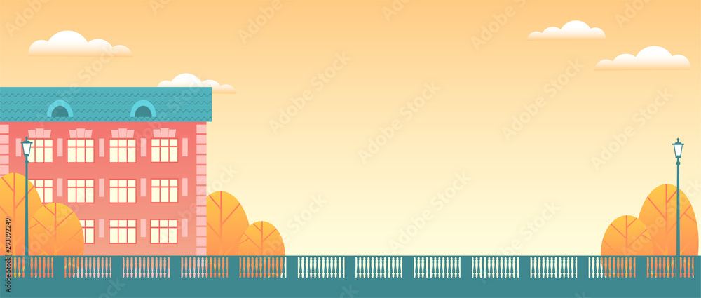 Background of the autumn city. Residential building, yellow trees, patterned fencing, clouds in the sky. Vector flat illustration in the form of a banner.