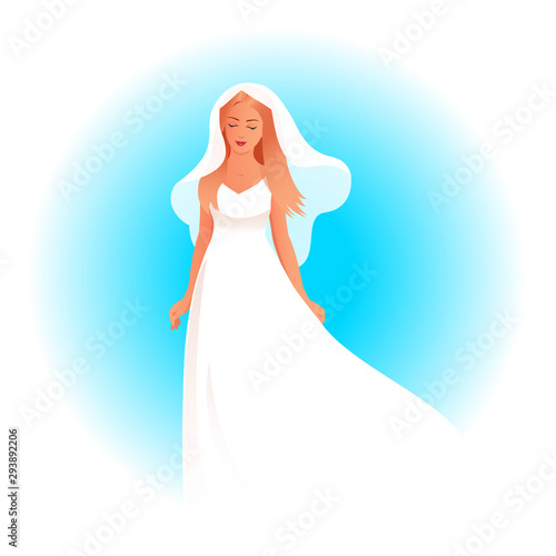 Beautiful blonde bride girl. Dressed in a wedding dress and veil. Light wind blows. Vector holiday isolated illustration.