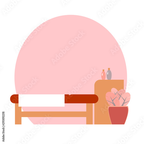 Cozy and comfortable massage room. Table, bedside table with oils, a pot of flowers. Pink background. Cartoon flat style. Vector isolated illustration.