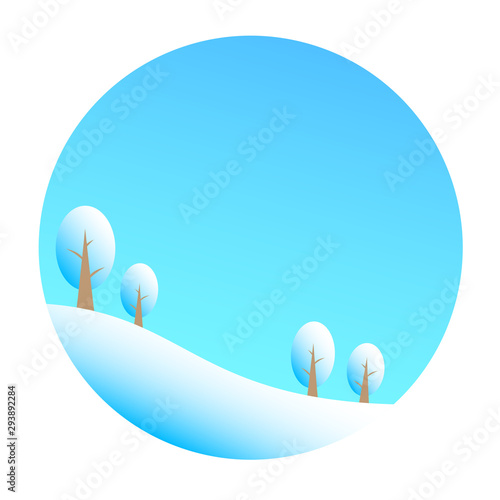 Winter nature: fluffy snow, forest trees, blue clear sky. Vector flat illustration for the background in the form of a circle.