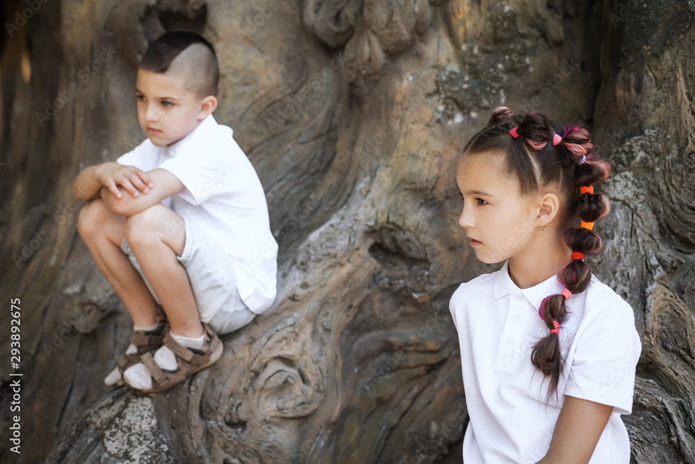 pretty lovely small girl with pigtails leaning on the tree and a thoughtful boy wearing white shirt sitting on it in the park pretty lovely small girl with pigtails leaning on the tree and a thoughtful boy wearing white shirt sitting on it in the park