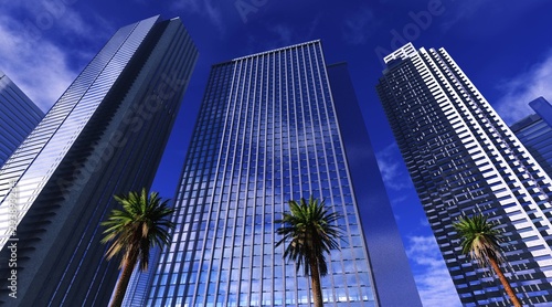 Skyscrapers and palm trees. Modern buildings on a background of blue sky. 3d rendering.