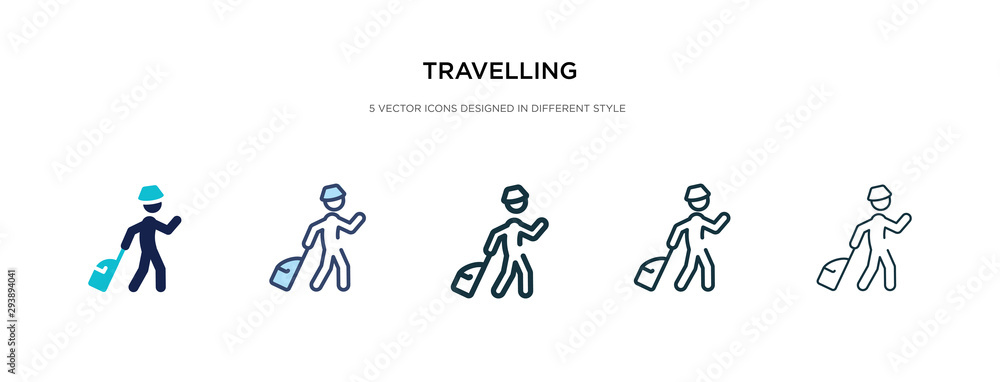 travelling icon in different style vector illustration. two colored and black travelling vector icons designed in filled, outline, line and stroke style can be used for web, mobile, ui travelling icon in different style vector illustration. two colored and black travelling vector icons designed in filled, outline, line and stroke style can be used for web, mobile, ui
