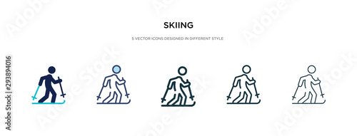 skiing icon in different style vector illustration. two colored and black skiing vector icons designed in filled, outline, line and stroke style can be used for web, mobile, ui