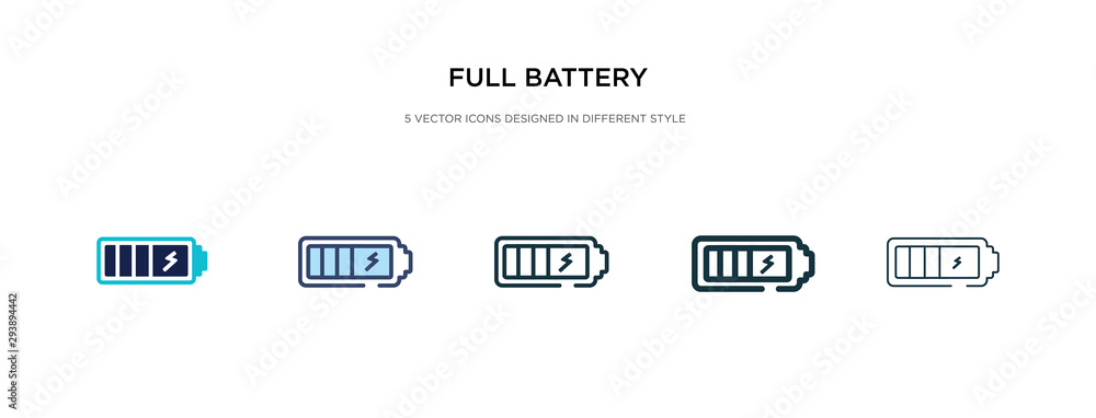 full battery icon in different style vector illustration. two colored and black full battery vector icons designed in filled, outline, line and stroke style can be used for web, mobile, ui