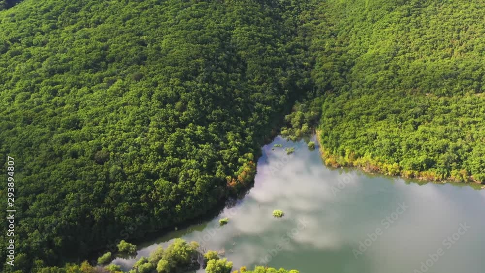 Flying Above Green Mountain Lake. High Angle Aerial View. Gelendzhik, Russia Flying Above Green Mountain Lake. High Angle Aerial View. Gelendzhik, Russia