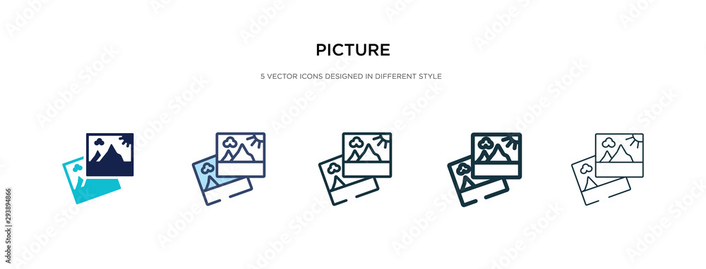 picture icon in different style vector illustration. two colored and black picture vector icons designed in filled, outline, line and stroke style can be used for web, mobile, ui - obrazy, fototapety, plakaty 