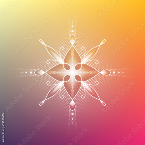 Minimal gradient background; Sacred geometry design; Decorative shiny flower; Energy and vibration of calm; Mindfulness and zen; Vector illustration.