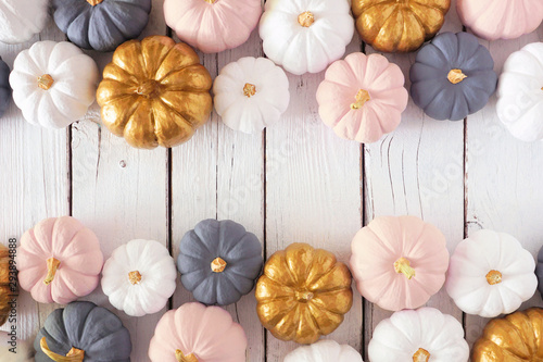 Autumn double border of dusty rose  white  gold and gray pumpkins on a white wood background. Modern muted pastel colors. Top view with copy space.