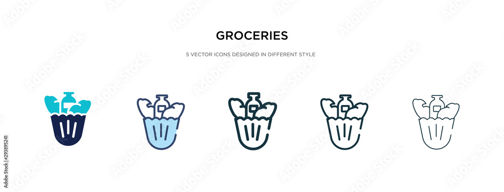 groceries icon in different style vector illustration. two colored and black groceries vector icons designed in filled, outline, line and stroke style can be used for web, mobile, ui groceries icon in different style vector illustration. two colored and black groceries vector icons designed in filled, outline, line and stroke style can be used for web, mobile, ui