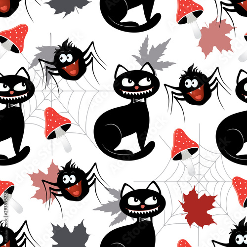 Fototapeta Naklejka Na Ścianę i Meble -  Vector seamless pattern with different funny objects mushroom, cat, spider, and web. Good for halloween packing, prints and textile production