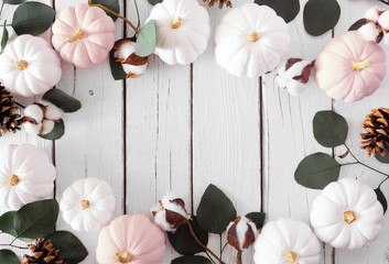 Fall frame of dusty rose and white pumpkins and eucalyptus leaves over a white wood background. Top view with copy space.
