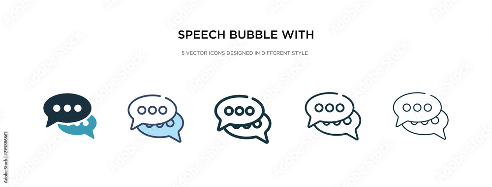 speech bubble with ellipsis icon in different style vector illustration. two colored and black speech bubble with ellipsis vector icons designed in filled, outline, line and stroke style can be used