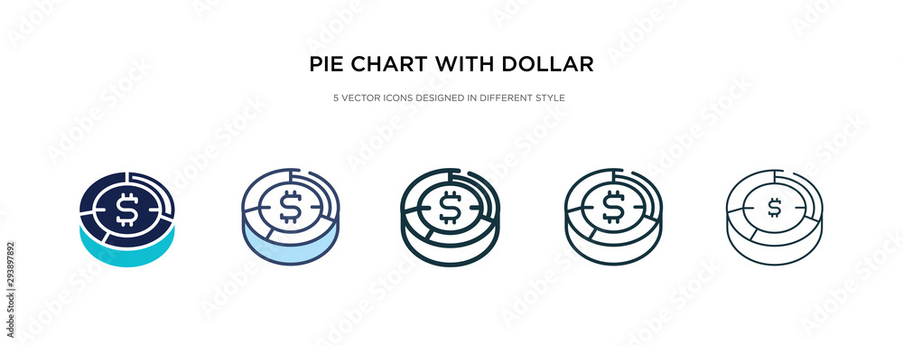 pie chart with dollar icon in different style vector illustration. two ...