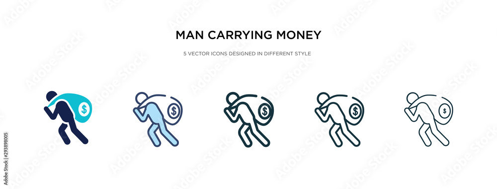 man carrying money icon in different style vector illustration. two colored and black man carrying money vector icons designed in filled, outline, line and stroke style can be used for web, mobile,
