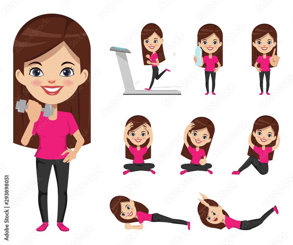 Woman character at sport gym workout to exercise and bodybuilder set. Woman character at sport gym workout to exercise and bodybuilder set.