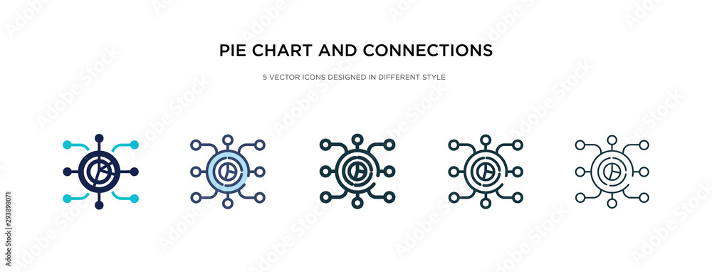 pie chart and connections icon in different style vector illustration. two colored and black pie chart and connections vector icons designed in filled, outline, line stroke style can be used for