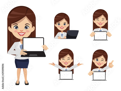 Set of businesswoman creation character pose with notebook laptop computer job in uniform suit. Chibi cartoon business people style.