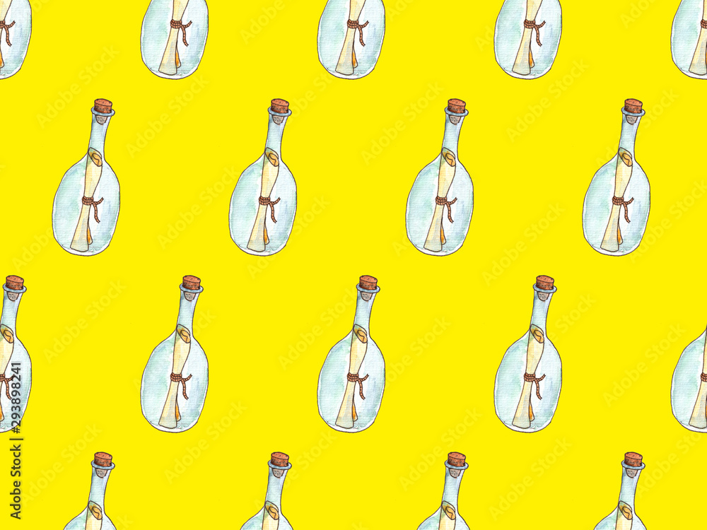 Message in bottle drawing watercolor illustration. Seamless pattern on yellow background. Message in bottle drawing watercolor illustration. Seamless pattern on yellow background.