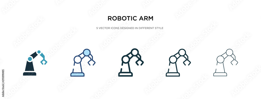 robotic arm icon in different style vector illustration. two colored and black robotic arm vector icons designed in filled, outline, line and stroke style can be used for web, mobile, ui robotic arm icon in different style vector illustration. two colored and black robotic arm vector icons designed in filled, outline, line and stroke style can be used for web, mobile, ui