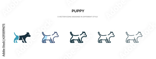 puppy icon in different style vector illustration. two colored and black puppy vector icons designed in filled, outline, line and stroke style can be used for web, mobile, ui