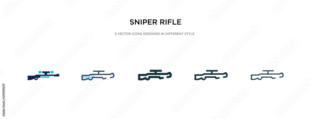 sniper rifle icon in different style vector illustration. two colored and black sniper rifle vector icons designed in filled, outline, line and stroke style can be used for web, mobile, ui