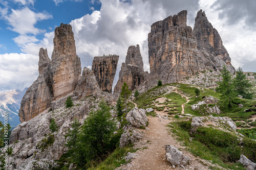 A beautiful landscape of the Cinque Torri in sunny day with blue sky at Dolomites in Italy.