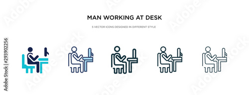 man working at desk icon in different style vector illustration. two colored and black man working at desk vector icons designed in filled, outline, line and stroke style can be used for web,