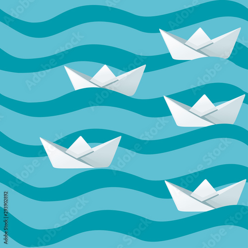 Group of white folded paper boats on abstract sea waves flat vector illustration