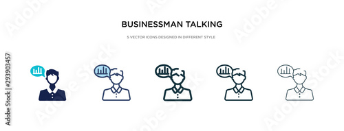 businessman talking about data analysis icon in different style vector illustration. two colored and black businessman talking about data analysis vector icons designed in filled, outline, line and