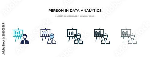 person in data analytics presentation with a graphic on a screen icon in different style vector illustration. two colored and black person in data analytics presentation with a graphic on screen
