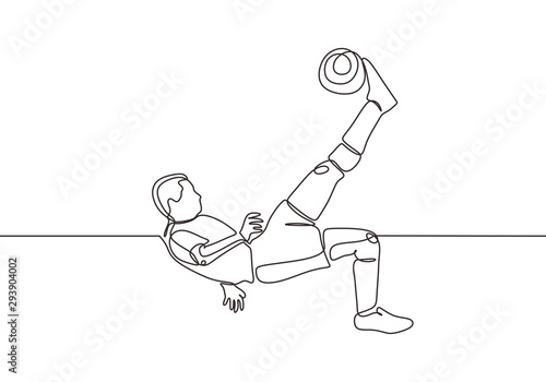 Continuous one line drawing of football player jumping and kicking a ball during the match game. Sportsman of athlete up side down making goal. Vector illustration minimalism design. photo