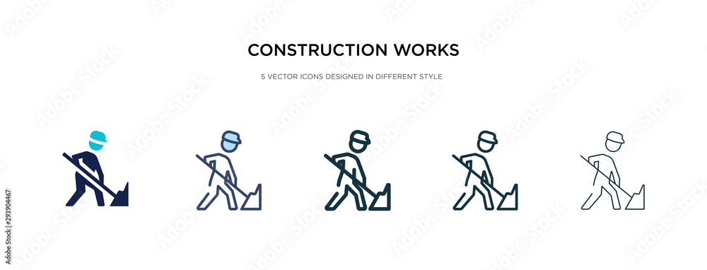 construction works icon in different style vector illustration. two colored and black construction works vector icons designed in filled, outline, line and stroke style can be used for web, mobile, construction works icon in different style vector illustration. two colored and black construction works vector icons designed in filled, outline, line and stroke style can be used for web, mobile,
