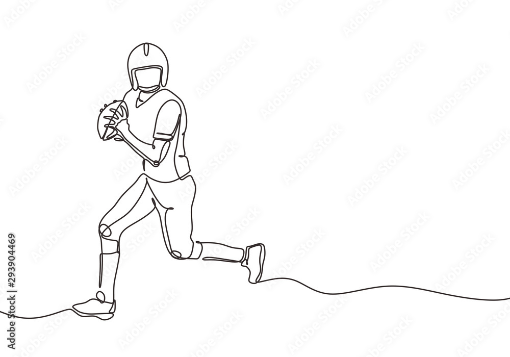 Fototapeta Ciągłe rysowanie jednej linii futbolu amerykańskiego lub kanadyjskiego. Motyw gry w piłkę nożną. Osoba trzymająca piłkę i działa. Wektorowy ilustracyjny minimalizmu projekt.