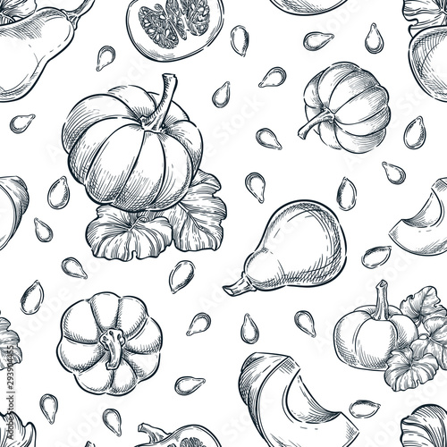 Black white pumpkins vector seamless pattern. Sketch hand drawn illustration. Autumn gourd harvest, seeds background.