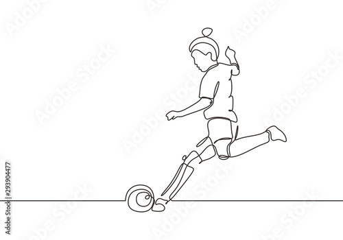 Continuous one line drawing of woman kick a ball on football game sport. Vector illustration minimalism design isolated on white background.