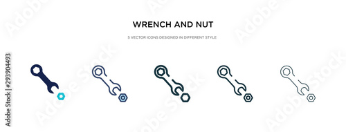 wrench and nut icon in different style vector illustration. two colored and black wrench and nut vector icons designed in filled, outline, line stroke style can be used for web, mobile, ui
