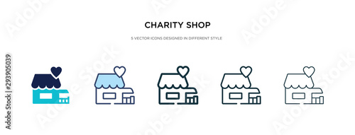 charity shop icon in different style vector illustration. two colored and black charity shop vector icons designed in filled, outline, line and stroke style can be used for web, mobile, ui