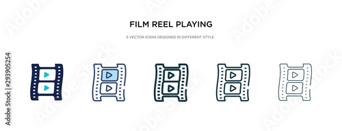 film reel playing icon in different style vector illustration. two colored and black film reel playing vector icons designed in filled, outline, line and stroke style can be used for web, mobile, ui
