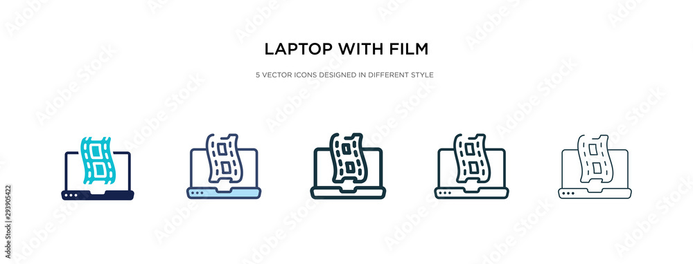 laptop with film strip icon in different style vector illustration. two colored and black laptop with film strip vector icons designed in filled, outline, line and stroke style can be used for web,