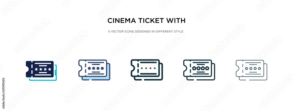 cinema ticket with a star icon in different style vector illustration. two colored and black cinema ticket with a star vector icons designed in filled, outline, line and stroke style can be used for